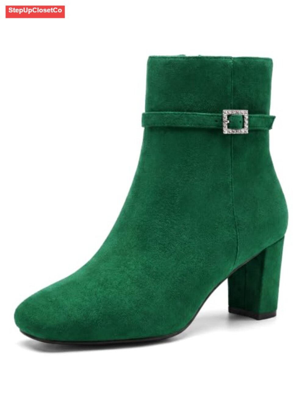 Women's Faux Suede Rhinestone Ankle Boots Square Toe Block Heel